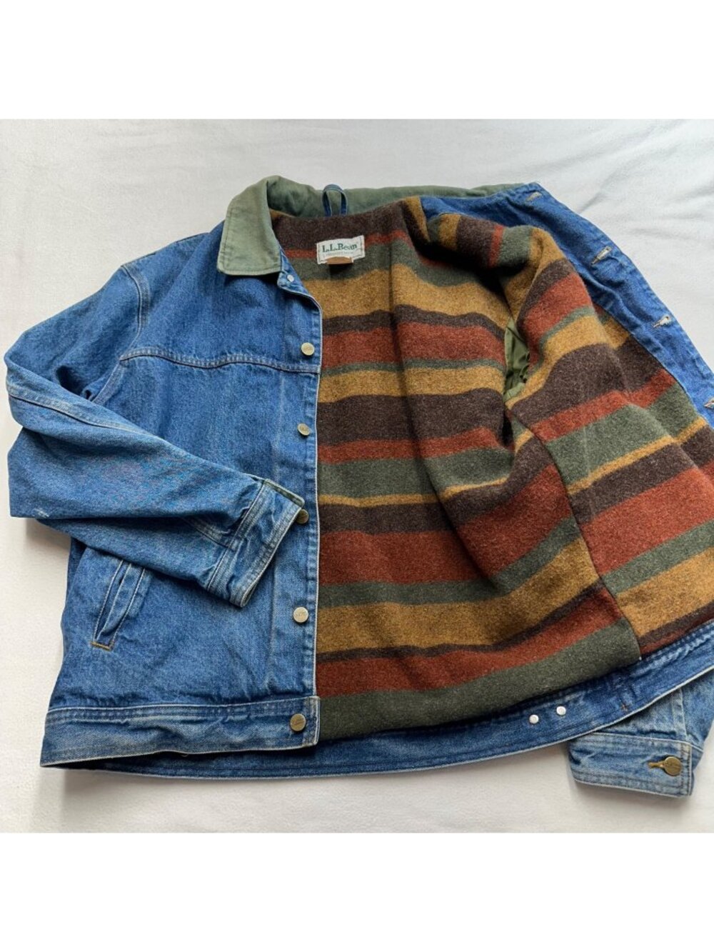 LL Bean Wool Blanket Lined Denim Jacket Vintage 90s Mens Size L Barn Chore Worn
